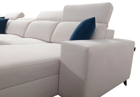 Ecksofa mit Schlaffunktion Kelly IV schwarz rechts geflochten bequemes Ecksofa verstellbare Kopfstützen seitlich mit Latten verkleidet