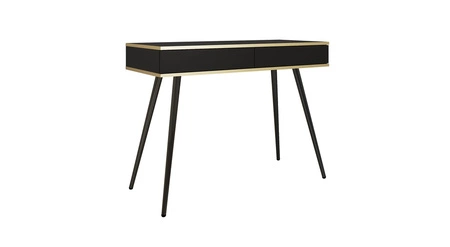 Luxuriöse schwarze Konsole mit Schubladen stilvolle und elegante Schminktisch auf hohen Metallbeinen Körper mit goldenen trim gekrönt unterstützt