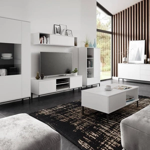 Tutti-Möbel-Set in weißer, schlichter Form eines Hängeschranks auf schwarzem Metallsockel mit grifflosem Push-to-Open-System