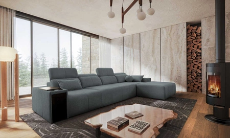 Ecksofa mit Schlaffunktion Tesalia XII grau rechte Seite modernes Design komfortable Schiebelehne Schublade in der Seite des Möbels