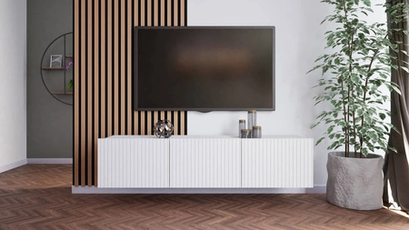 RTV Schrank Colder 150 cm weiß mit Möglichkeit der Aufhängung stilvolle geriffelte Front elegante Form der Möbel im modernen Stil