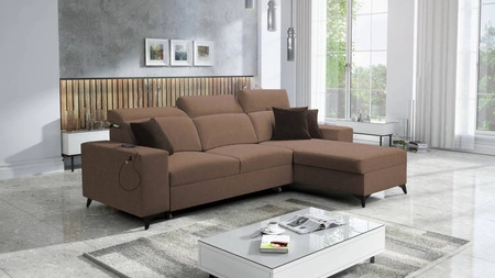 Ecksofa mit Schlaffunktion Kelly Sleek hellbraun rechtsseitig kariert bequemes und funktionelles Ecksofa für Wohnzimmer