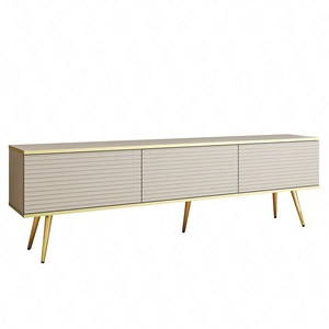 TV-Schrank Luxury 175 cm beige elegantes Design stilvolle geriffelte Front Korpus mit goldenen Zierleisten goldenen Metallbeinen gekrönt