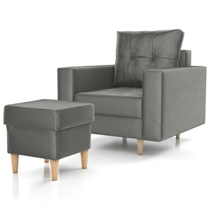 Sessel mit Fußstütze Vaso grau bequemer Sessel für Wohnzimmer im skandinavischen Stil weicher Sitz hohe Holzbeine