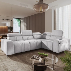 Ecksofa mit Schlaffunktion Castel II grau Esche rechts komfortables Ecksofa mit verstellbaren Kopfstützen Container für Bettzeug