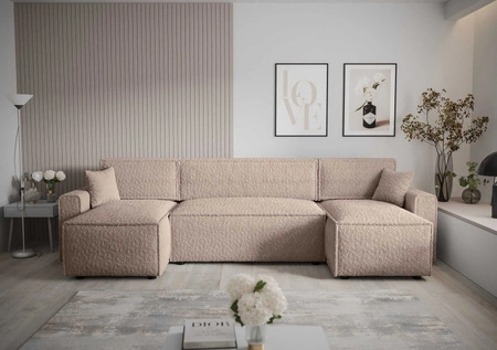 Ecksofa mit Schlaffunktion Brandon U Bis beige Bettzeug Container Armlehnen Stoff mit markanter Schleife Oberfläche