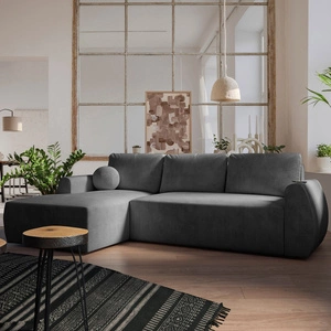 Ecksofa mit Schlaffunktion Colio graphit linke Seite stilvolles Ecksofa mit interessanter Form Velourstoff Zierkissen Ball