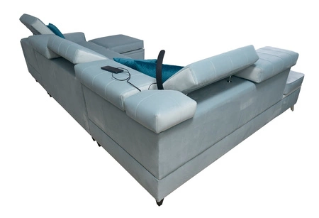 Ecksofa mit Schlaffunktion Rava VI azurblau rechtshändig Praktisches und modernes Ecksofa, ausgestattet mit einer Multifunktionslampe