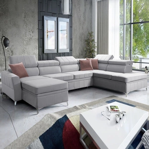 Ecksofa mit Schlaffunktion Rava VI grau Esche links praktisches und modernes Ecksofa mit Multifunktionslampe