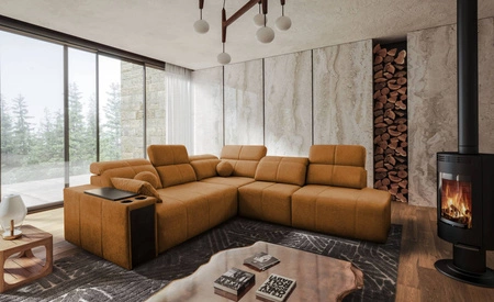 Ecksofa mit Schlaffunktion Tesalia IX Honig rechts modernes Design komfortable Schiebelehne Schublade in der Seite des Möbels