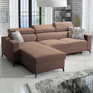 Ecksofa mit Schlaffunktion Savona hellbraun links komfortables und elegantes Ecksofa mit verstellbaren Kopfstützen Ziernähte