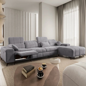 Ecksofa mit Schlaffunktion Penejos XII Lux hellgrau rechtsseitig stilvolles Ecksofa mit bequemer ausziehbarer Fußstütze