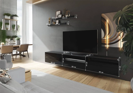 RTV-Hängeschrank Lutra 258 cm schwarz / schwarz glänzend mit Einlegeböden stilvoller Design-TV-Schrank mit Hochglanzfronten