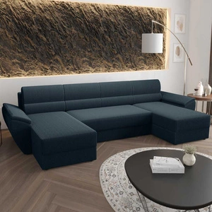 Ecksofa mit Schlaffunktion Fogu U II blau bequemes Ecksofa mit bequemen Armlehnen interessanter Designcontainer für Bettzeug