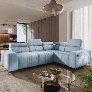 Ecksofa mit Schlaffunktion Castel II blau rechts komfortables Ecksofa mit verstellbaren Kopfstützen Bettzeugcontainer
