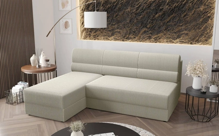 Ecksofa mit Schlaffunktion Fogu elfenbeinfarbenes linkes Ecksofa in schlichtem Design, bezogen mit einem Bettkasten aus Kordstoff