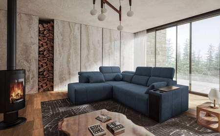 Ecksofa mit Schlaffunktion Tesalia VII blau links modernes Design komfortable Schiebelehne Schublade in der Seite des Möbels