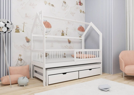 Dyzio Kinderbett 90x190 cm weiß 2-Personen-Ausziehbett für Kinderzimmer Holzhausbett mit geräumigen Schubladen