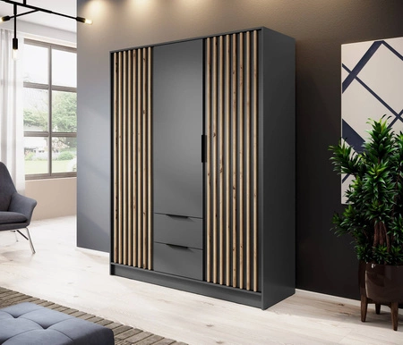 Kleiderschrank Aspen 155 cm Grafit / Eiche Artisan Lamellen modernes Design Schranktüren mit dekorativen Lamellen