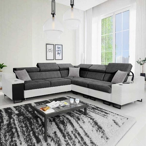 Ecksofa mit Schlaffunktion Alcamo III grau / weiß rechts Funktions-Ecksofa mit Schublade in der Seite zwei Behälter für Bettzeug