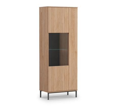 Vitrine Tutti 70 cm Eiche Hickory stilvolles Design sichere Vitrine aus gehärtetem Glas auf hohen Metallbeinen Push-to-Open-System unterstützt