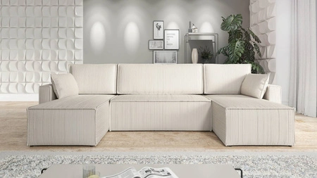 Ecksofa mit Schlaffunktion Rebenes U beige Universal-Ecksofa dreidimensionaler Stoff mit ausdrucksstarken Streifen Bettzeug-Container
