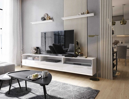 Kaires 258 cm weiß / weiß glänzend Wandschrank RTV mit Einlegeböden elegantes und stilvolles Design, das zu jeder Einrichtung passt