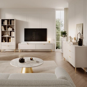 Lante Möbelset beige Design-Riffelung auf Möbelfronten Metallkantengriffe und hohe schräge Beine