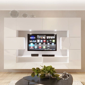 Möbel Schrankwand Servia weiß / weiß glänzend stilvolle grifflose Designmöbel für Wohnzimmer oder Dielenbereich