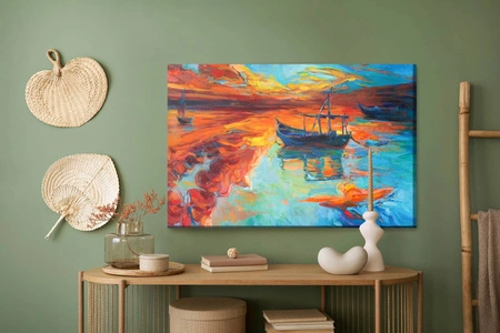 Leinwandbild bemalte Boote am Meer 100x70 cm zeitlose Dekoration jedes Interieurs ausdrucksstarke Farben hochwertige Verarbeitung