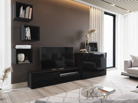 Aridea schwarz / schwarz glänzend Schrankwand minimalistisches Design in einem modernen Umfeld vielseitige und funktionale Wohnzimmermöbel