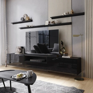 TV-Schrank Plomari 258 cm schwarz / schwarz glänzend mit Regalen minimalistisches Design in einer modernen Anordnung geräumige Schubladen