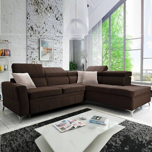 Ecksofa mit Schlaffunktion Rava III braun rechts Samt komfortables Ecksofa mit verstellbaren Kopfstützen und Bettzeugcontainer