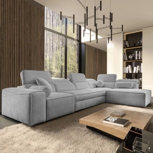 Ecksofa mit Schlaffunktion Viano XI hellgrau rechte Ecke trendy und stilvoll mit verstellbaren Kopfstützen Zierkissen