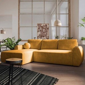 Ecksofa mit Schlaffunktion Colio gelb links stilvolles Ecksofa mit interessanter Form Veloursstoff Zierkissen Ball