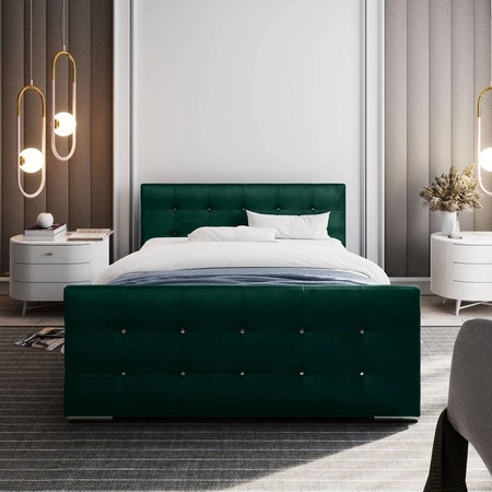 Polsterbett Alford 160x200 flaschengrün mit Stauraum im modernen skandinavischen Stil mit gestepptem Kopf- und Fußteil mit Kristallen verarbeitet
