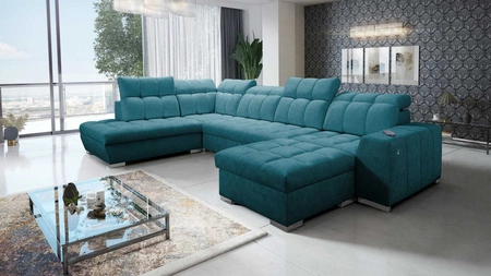 Ecksofa mit Schlaffunktion Luigi VI türkis türkisfarbenes stilvolles Bettsofa mit Bettzeugcontainern, bezogen mit weichem Stoff