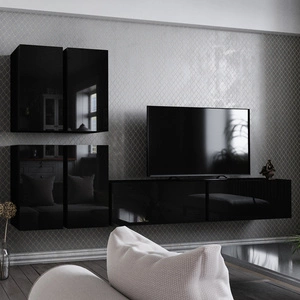 Malaga schwarz glänzend ergonomische und funktionale geometrisch inspirierte Schrankwand vergrößert optisch Ihr Interieur zum Aufhängen an der Wand