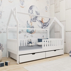 Holzbett Timon 90x180 cm weiß modernes Design Kinderhausbett aus massivem Kiefernholz geräumige Schubladen