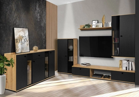 Schubladenkommode Senja 140 cm artisan Eiche / schwarz elegantes Design dekorative geriffelte Front mit Metallgriff