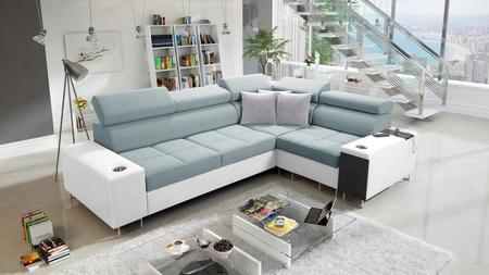 Ecksofa mit Schlaffunktion Dafni II arktikblau/weiß rechtwinklig geflochtenes Ecksofa mit Bettzeugschublade in der Seite