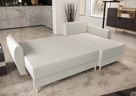 Ecksofa mit Schlaffunktion Rovigo cremefarbenes rechtes Ecksofa im skandinavischen Stil großes Bettzeugfach