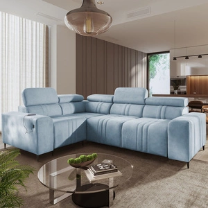 Ecksofa mit Schlaffunktion Castel II blau links bequemes Ecksofa mit verstellbaren Kopfstützen Bettzeugcontainer