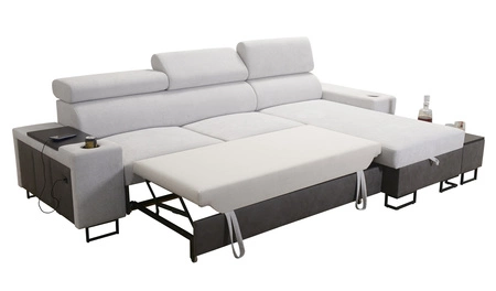 Ecksofa mit Schlaffunktion Flavio hellbraun rechts bequemes elegantes Ecksofa mit einer seitlich zu öffnenden Verlängerungsstange des Möbels