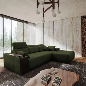 Ecksofa mit Schlaffunktion Tesalia grün rechte Seite modernes Design komfortable Schiebelehne Schublade in der Seite des Möbels