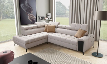 Ecksofa mit Schlaffunktion Bolmso VII beige links äußerst elegantes Ecksofa für das Wohnzimmer mit einer Schublade und einem Behälter für Bettzeug