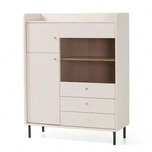 Kommode Ferdi 104 cm beige sand minimalistisches Design hohe Kommode ideal für Esszimmer teilweise verglaste Front
