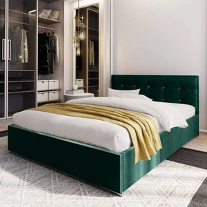 Mona Polsterbett 160x200 flaschengrün mit Container im modernen skandinavischen Stil mit gestepptem Kopfteil mit Kristallen