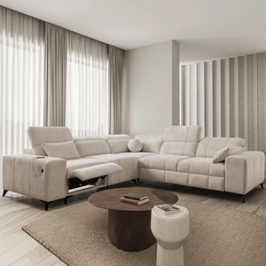 Ecksofa mit Schlaffunktion Penejos III Lux beige links bequemes Ecksofa für das Wohnzimmer mit ausziehbarem Fußteil Bettwäschecontainer