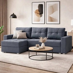 Ecksofa mit Schlaffunktion Pablos dunkelgrau Universal-Ecksofa mit Bettzeugstauraum dekorative Steppung auf der Sitzfläche